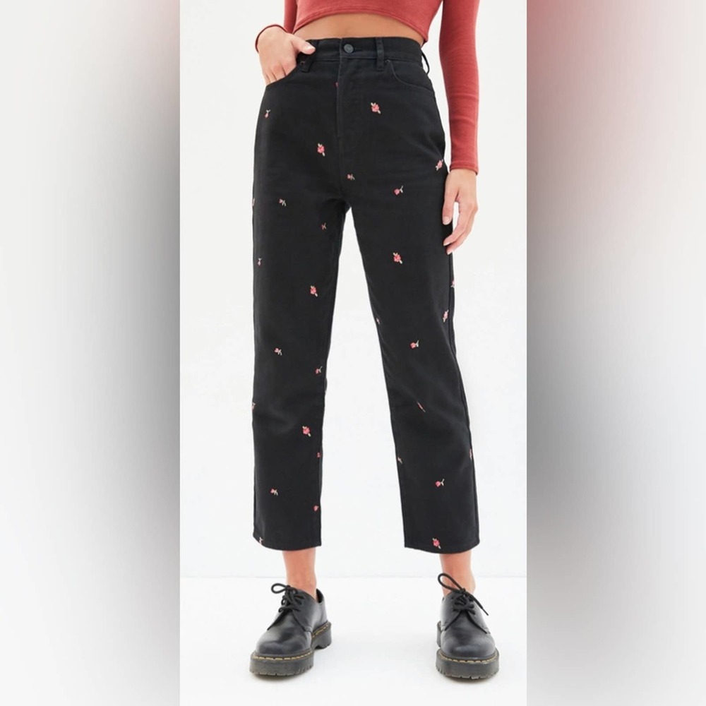 PacSun Rose Embroidered Black High Waisted Straight Leg Jeans
